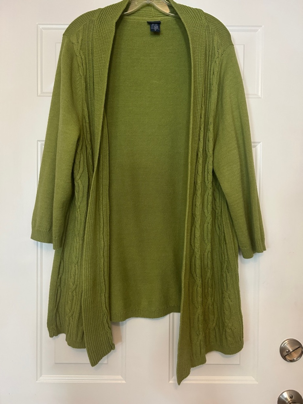 Open-Front Cable Knit Cardigan Sweater 1X Green Classic Long Cotton Blend Casual